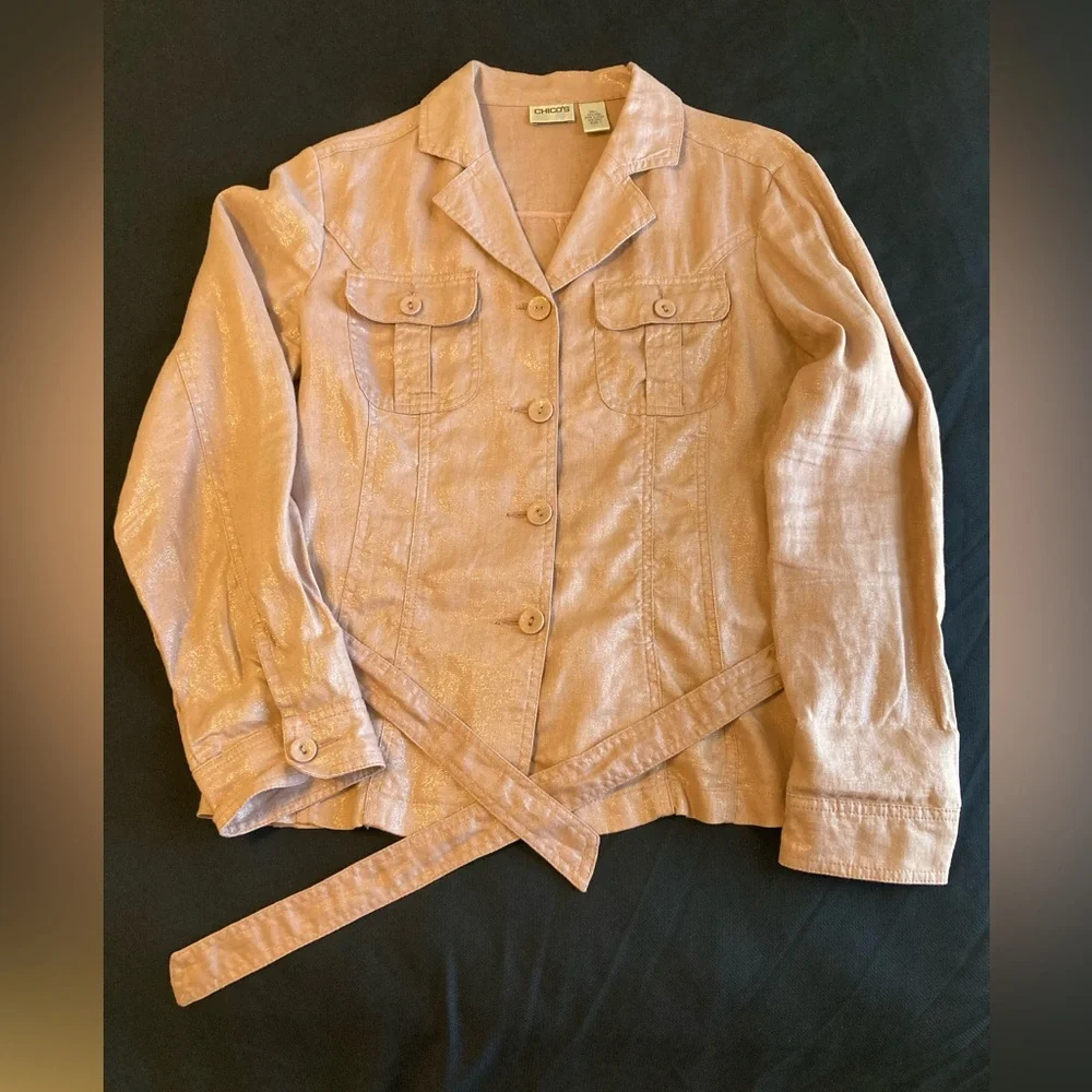 Chico’s Pink Linen Jacket Shirt Tie Waist - Picture 12 of 15